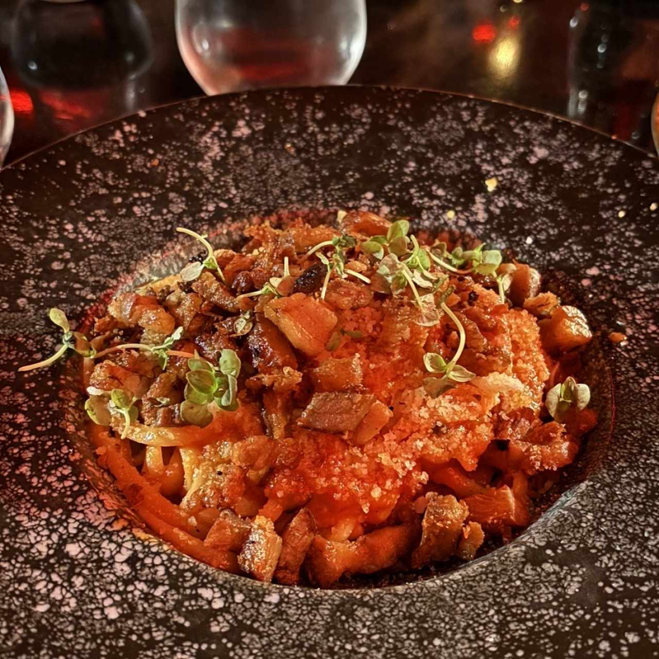 Linguini a la amatriciana con crispy porkbelly