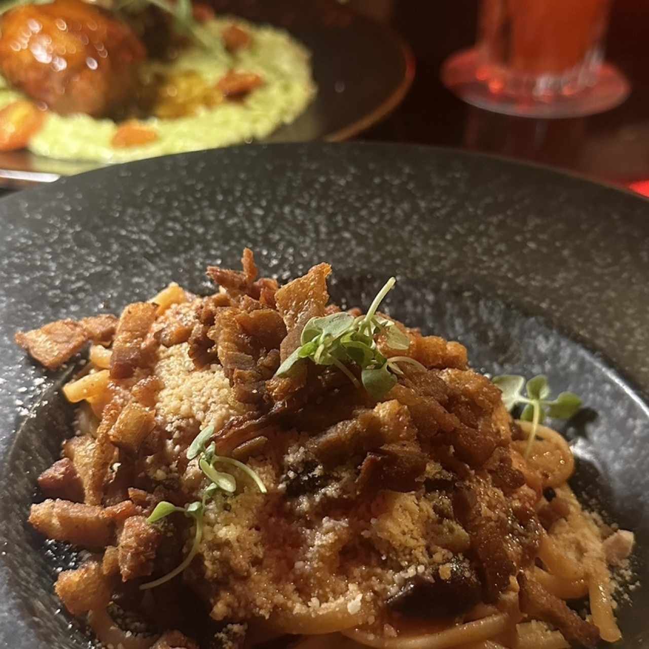 Linguini a la amatriciana con crispy porkbelly