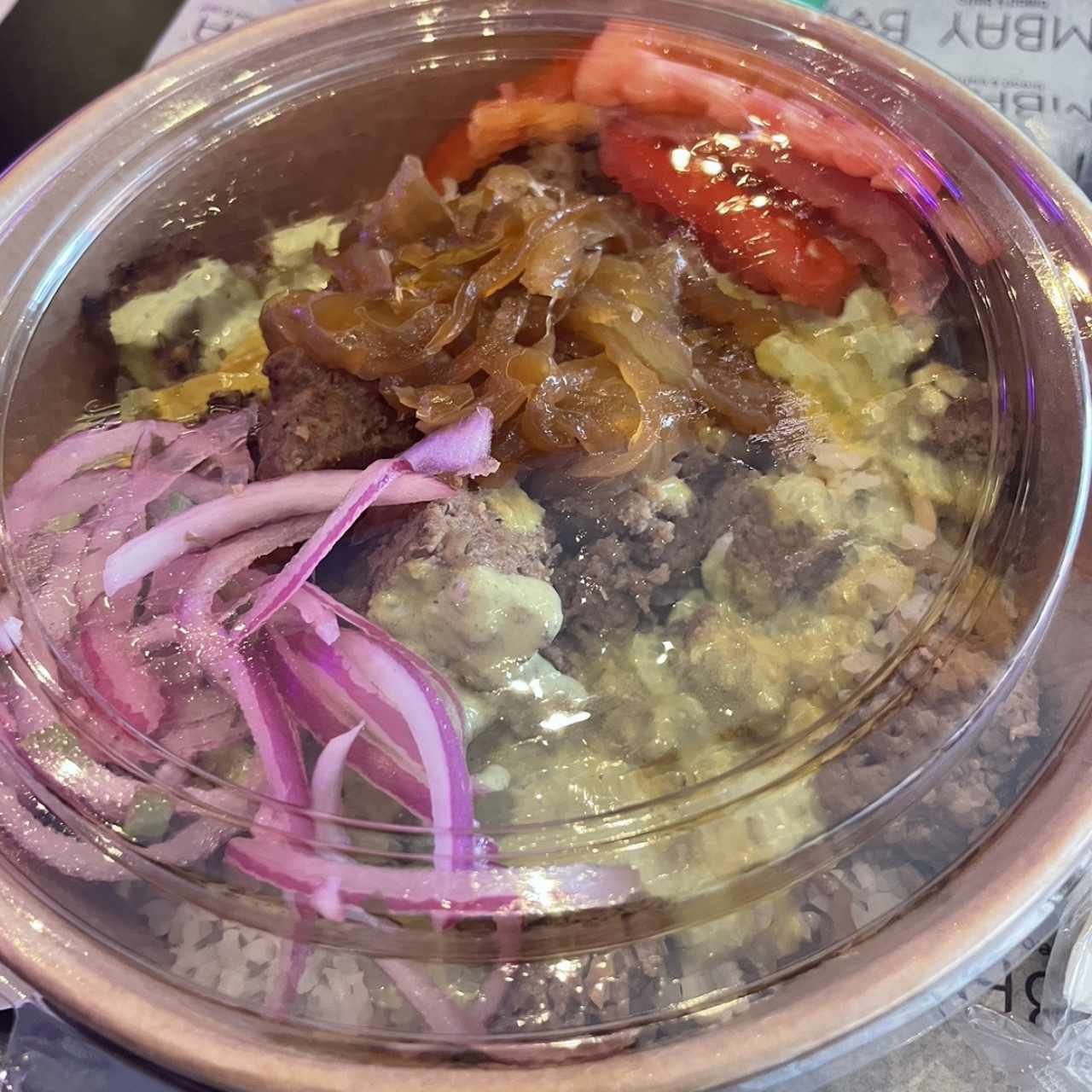 Bowl armado arroz con fideo, carne, sweat bombay y mas
