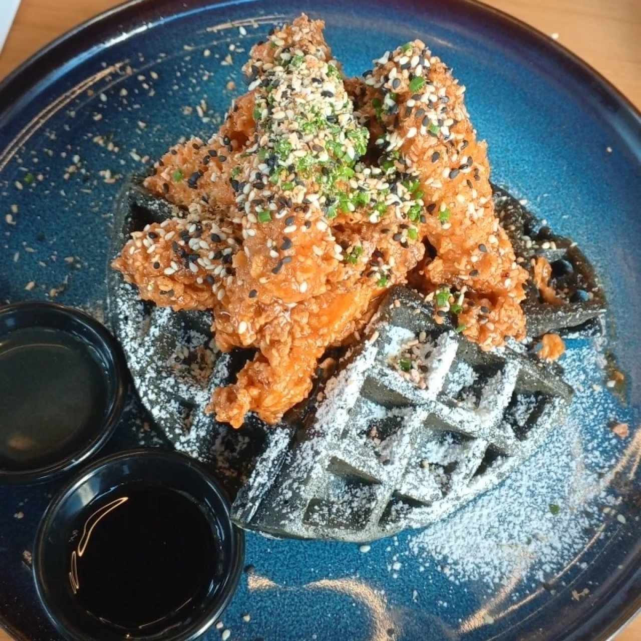 Black sesame waffles and chicken 
