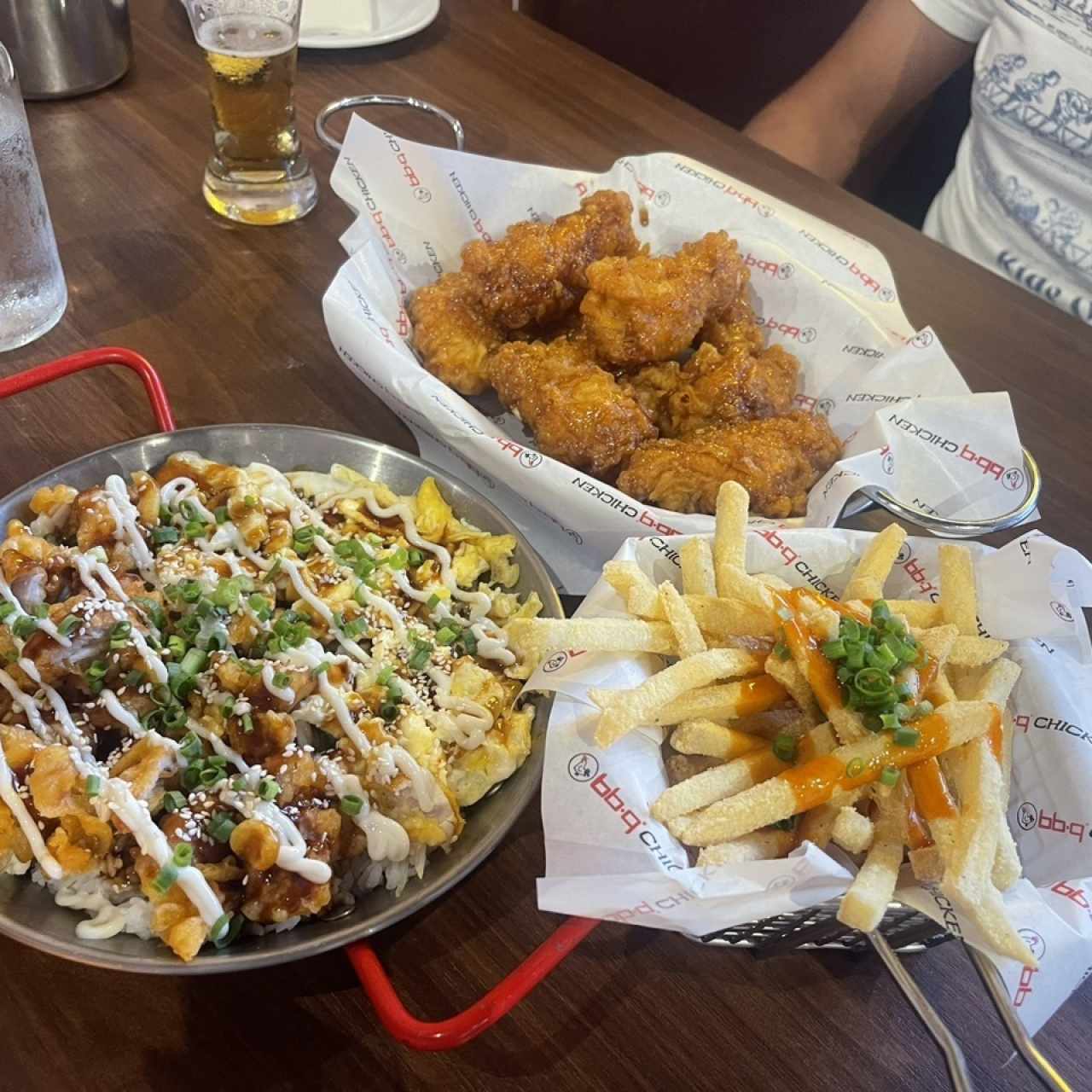 Honey garlic alitas, cheesy fries, chicken mayo bowl