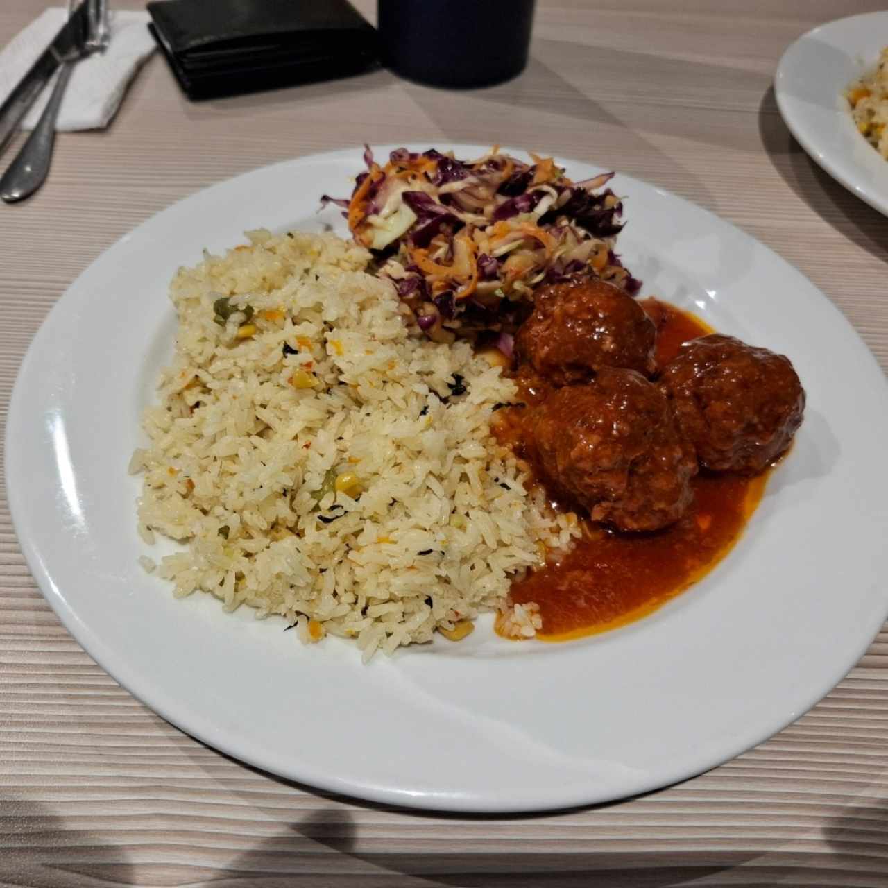 Albóndigas al vino + Arroz con vegetales 