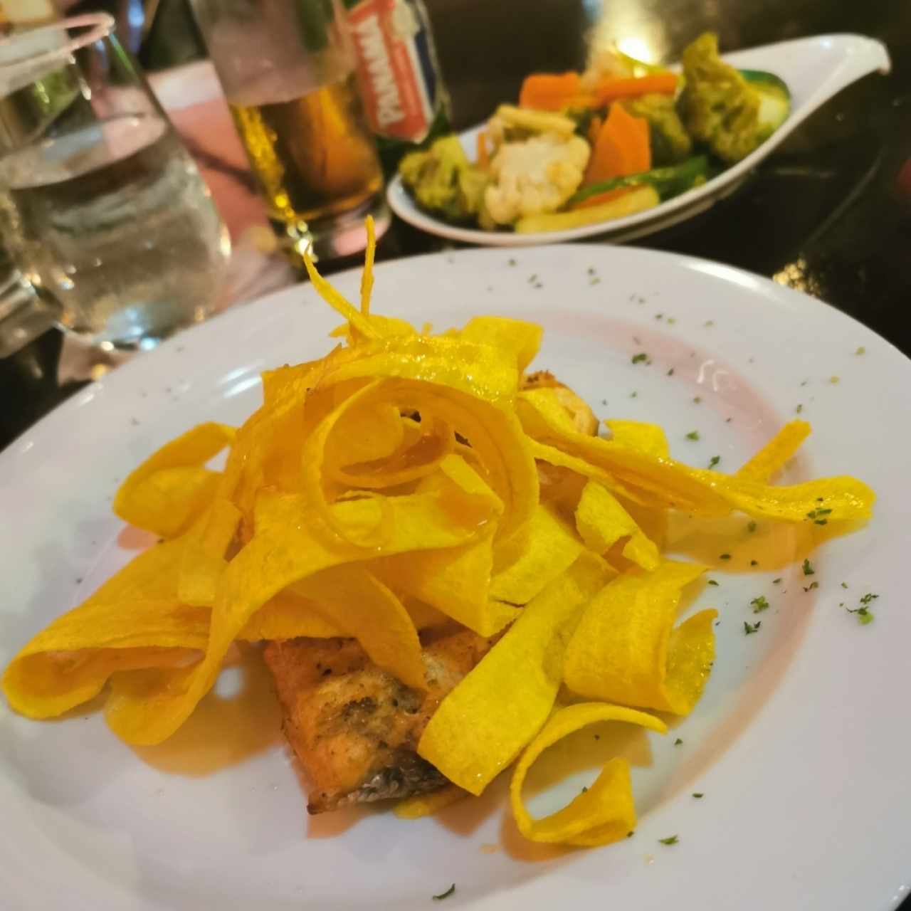 Salmon Fillet in Citrus Sauce with Fried Plantain Chips