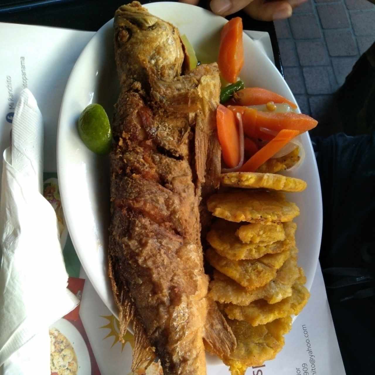 pescado con patacones y vegetales