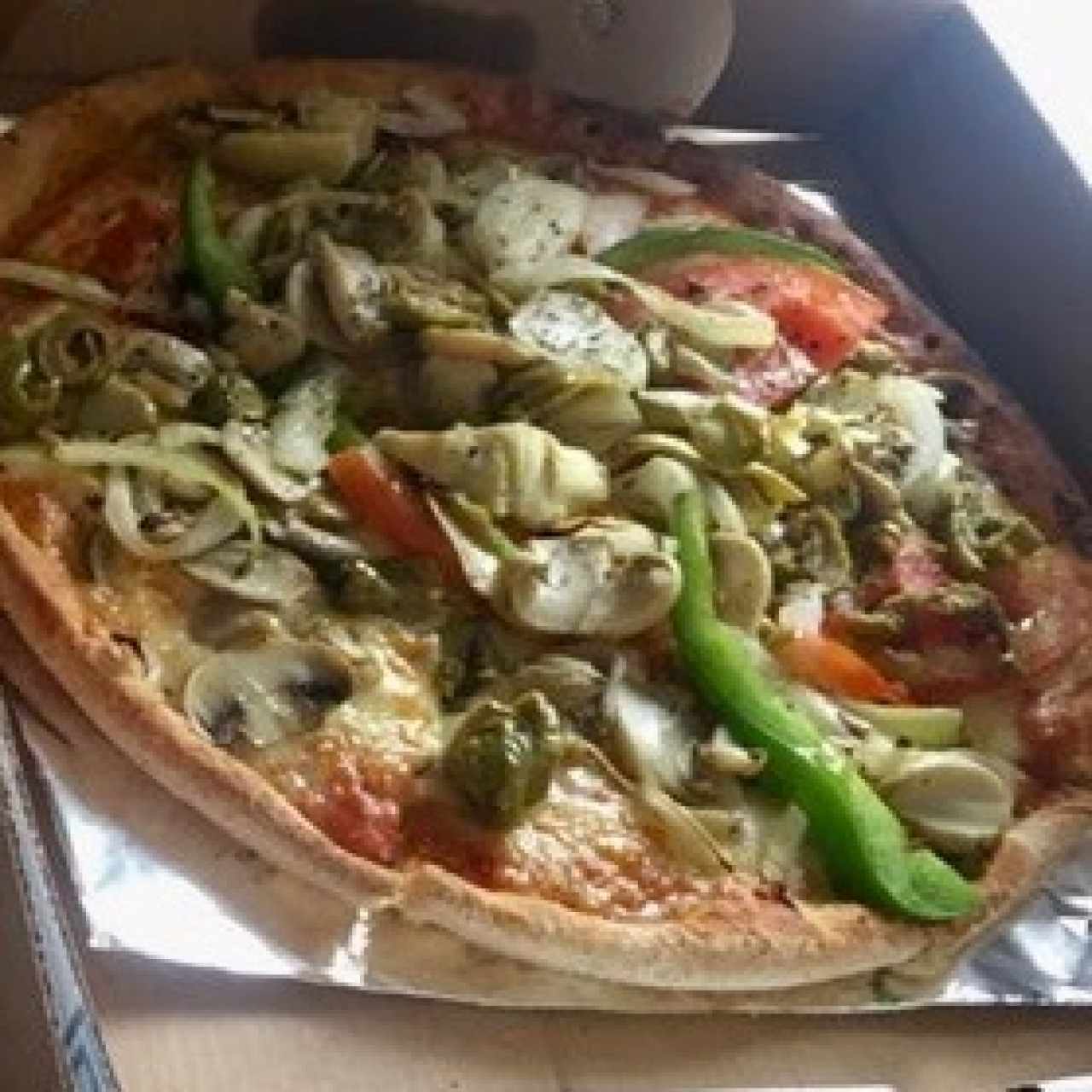ayer no pude salir a comer pero pedi esta super deli pizza vegetariana 