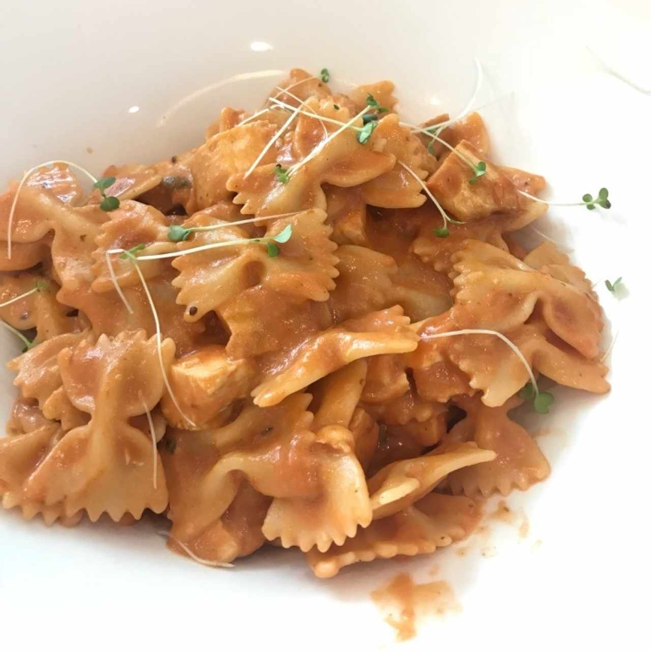 Farfalle en salsa rosada con pollo