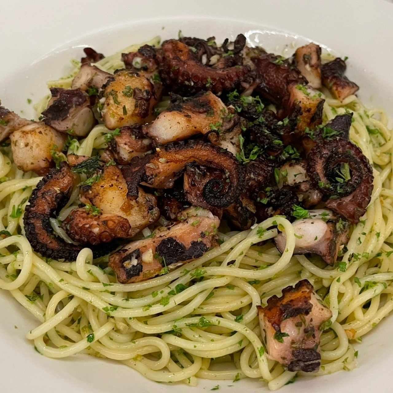 Spaghetti con Pechuga de Pollo, Brocheta de Pollo o de Mariscos. Al Oleo, salsa roja o blanca.