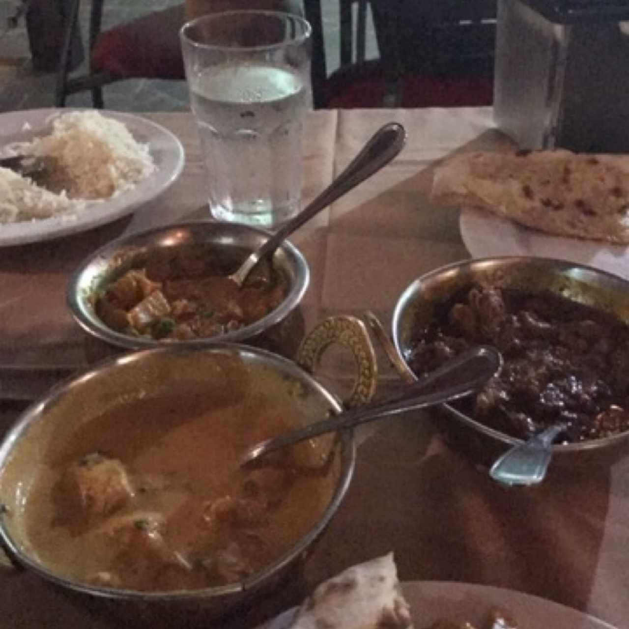 Butter Chicken, Vegetales Kurma, Mutton Curry, Naan and Basmati Rice