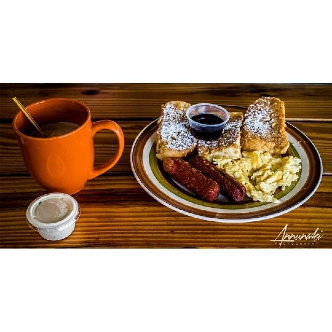 French Toast platter and Hot Chocolate