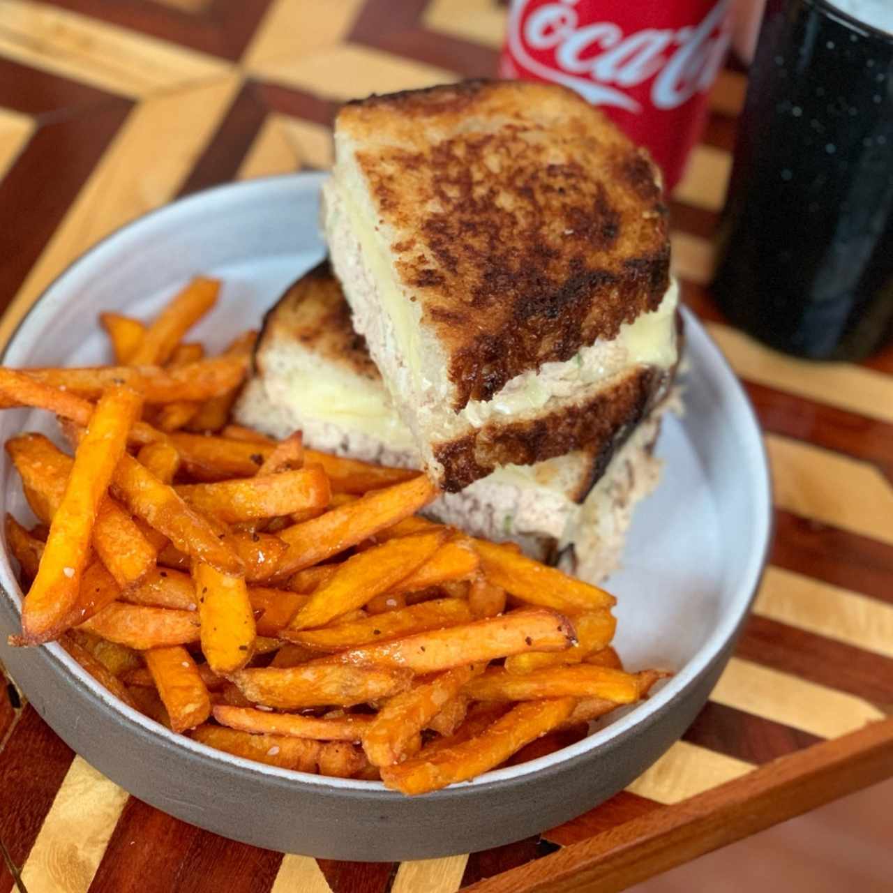 tuna melt sandwich and sweet potato fries 