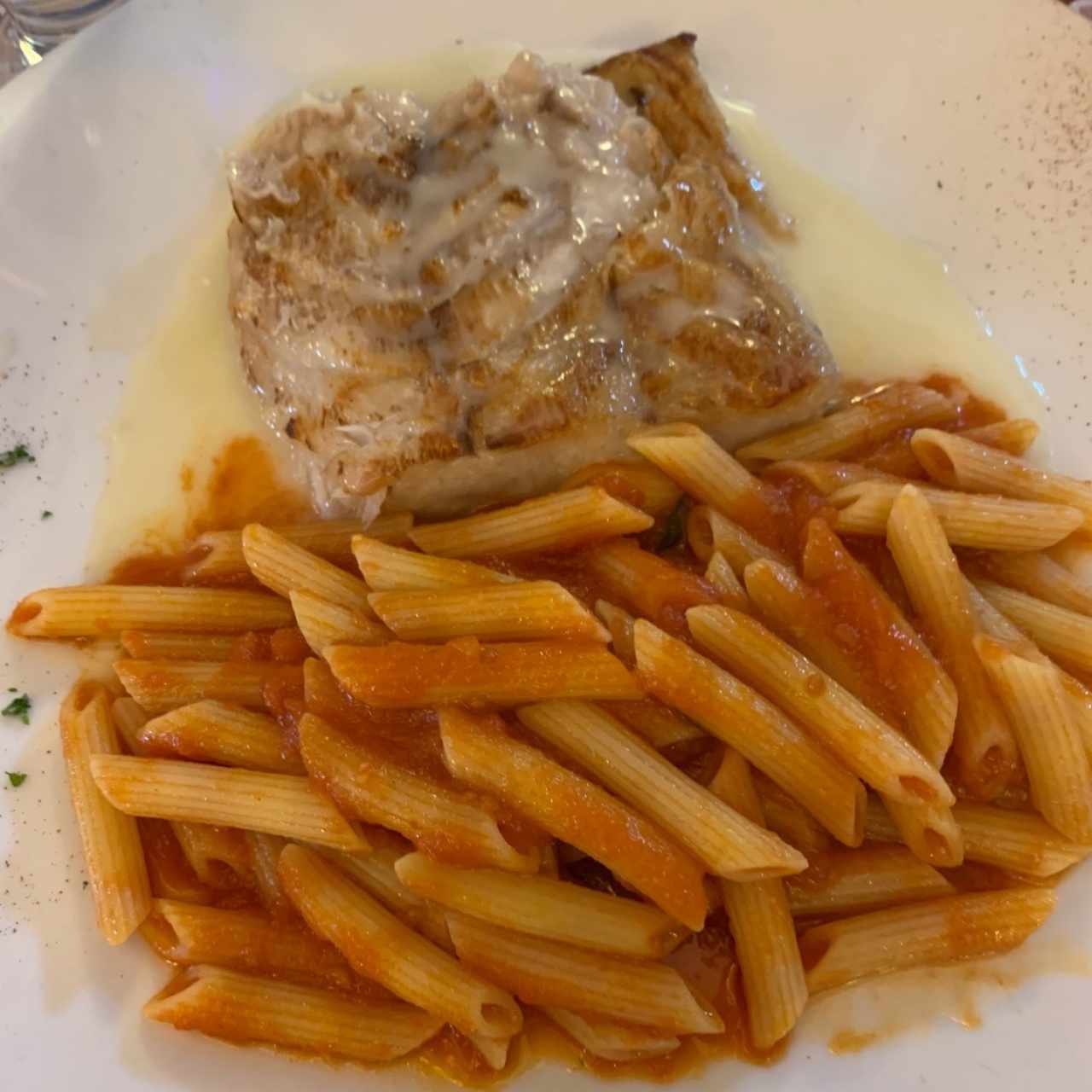 Corvina al Limón con Penne en Salsa Roja