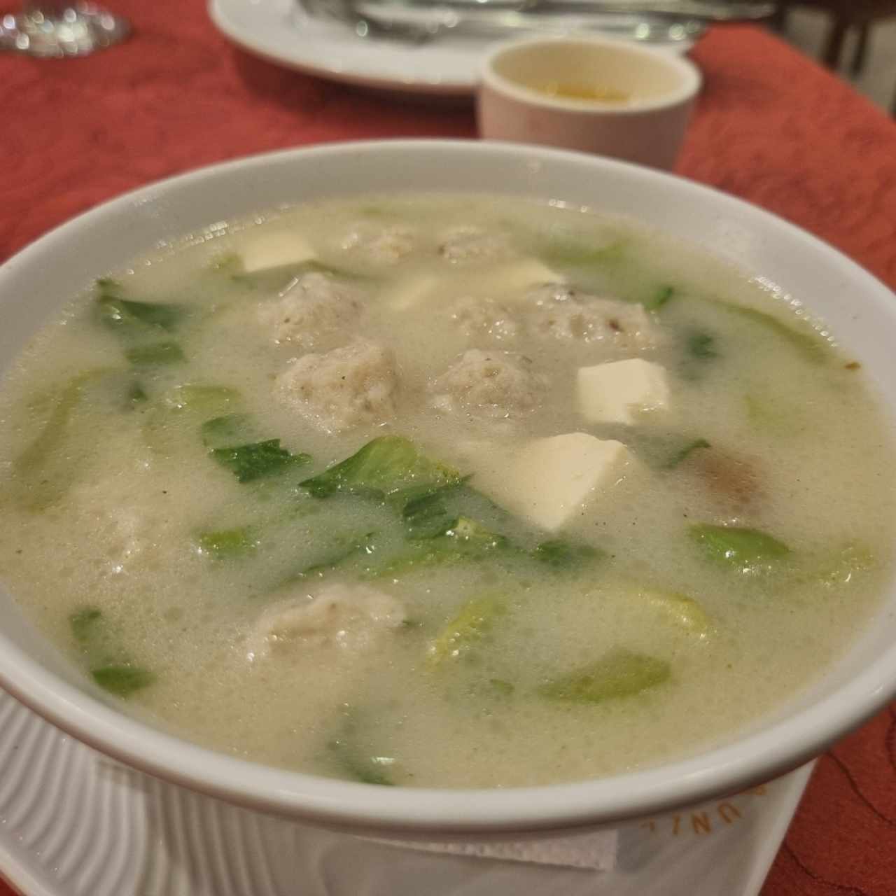 Sopa De Bolas De Pescado Con Vegetales Y Tofu