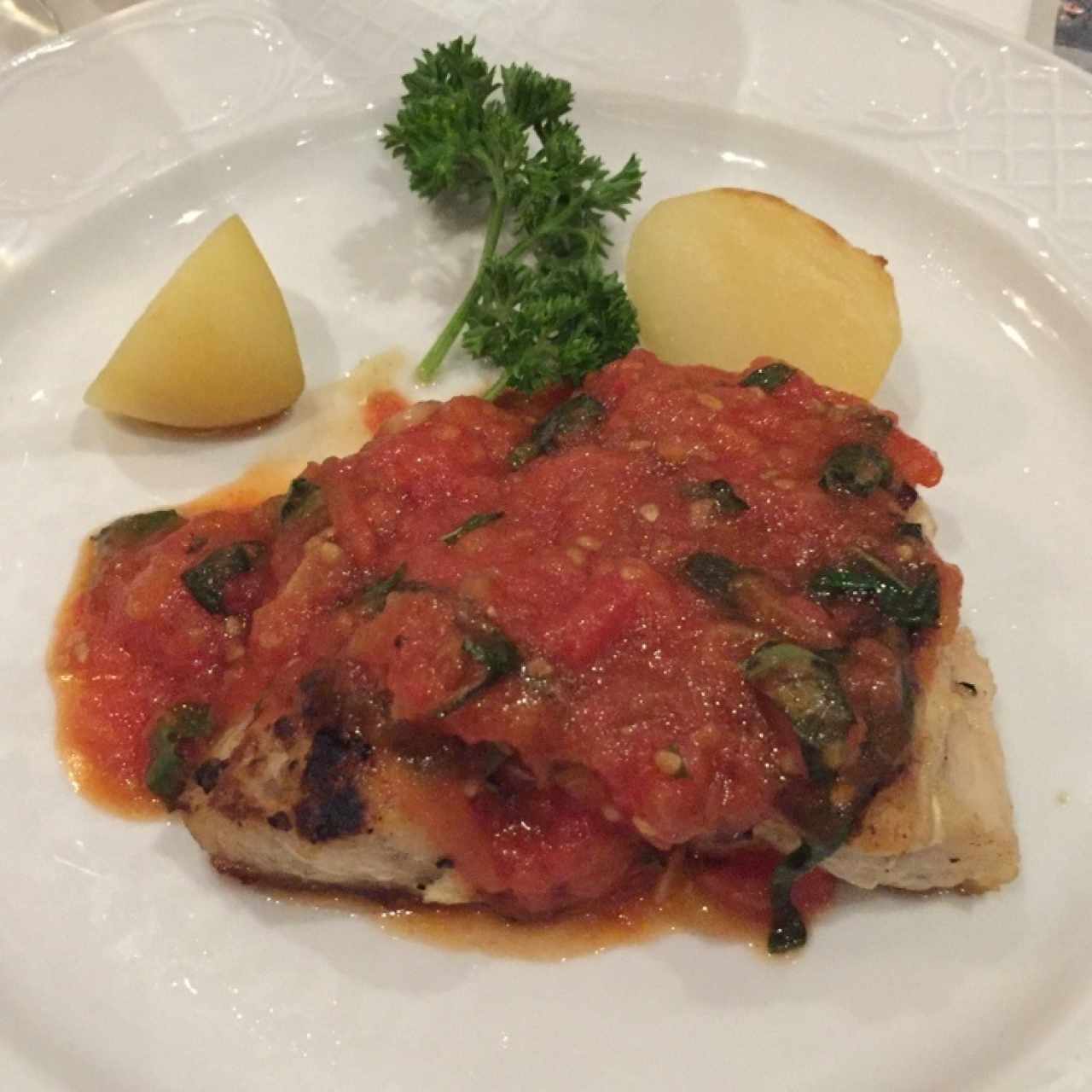 corvina con salsa de tomate y albahaca 