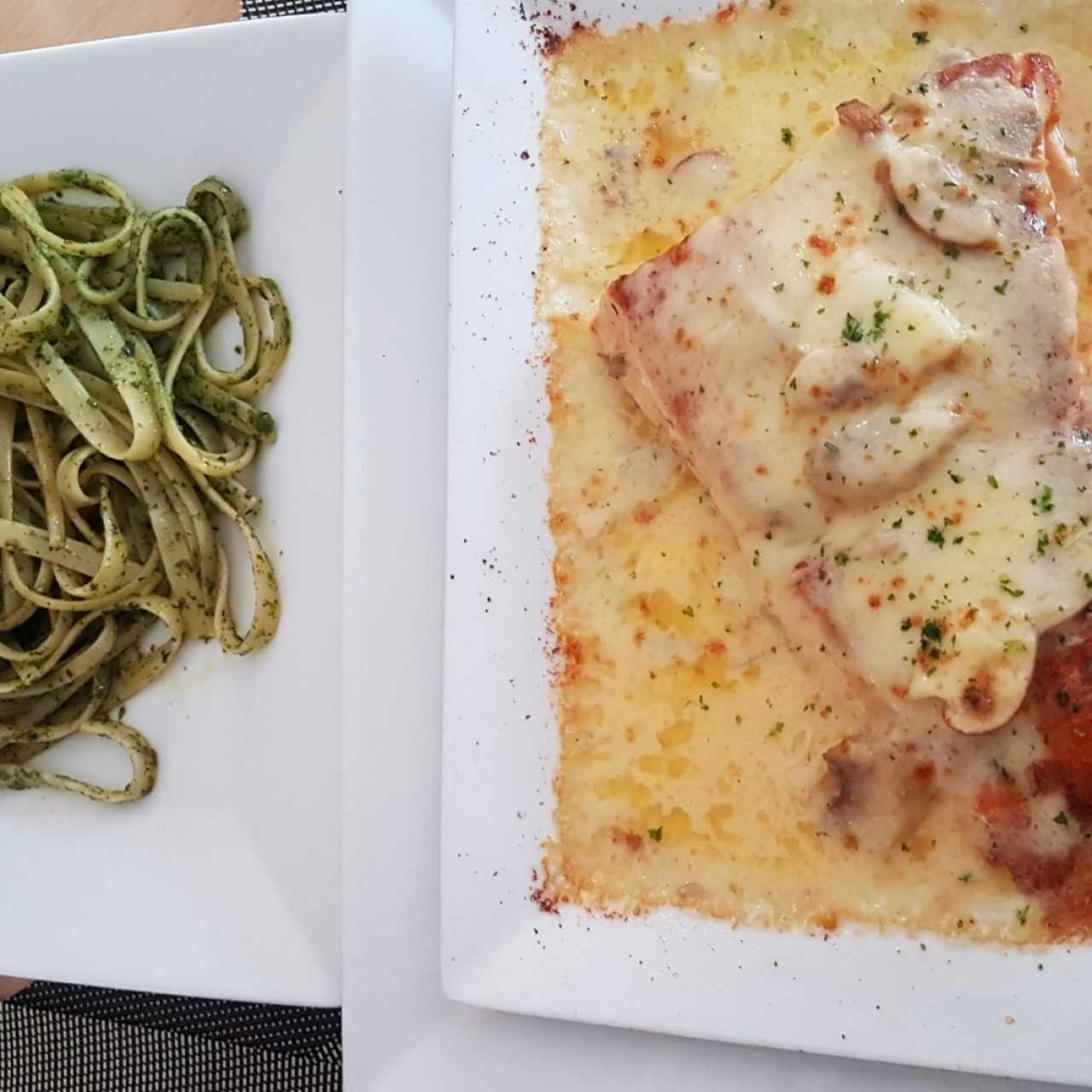 Corvina Gratinada con Fetuchini pesto