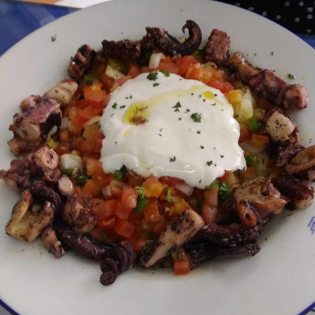 Pulpo al olio con papas majadas, pique de vegetales y satziki.