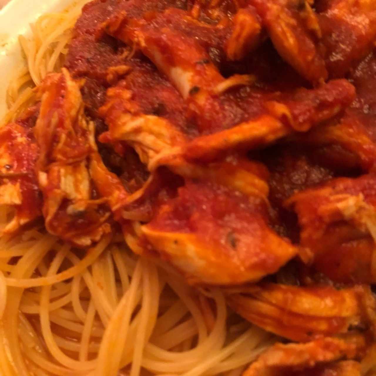 Spaghetti en salsa roja con pollo desmenuzado 