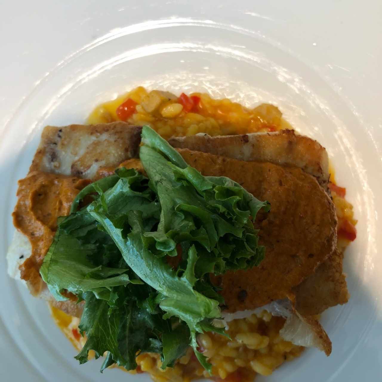 Corvina con Risotto tableño y salsa romescuo.