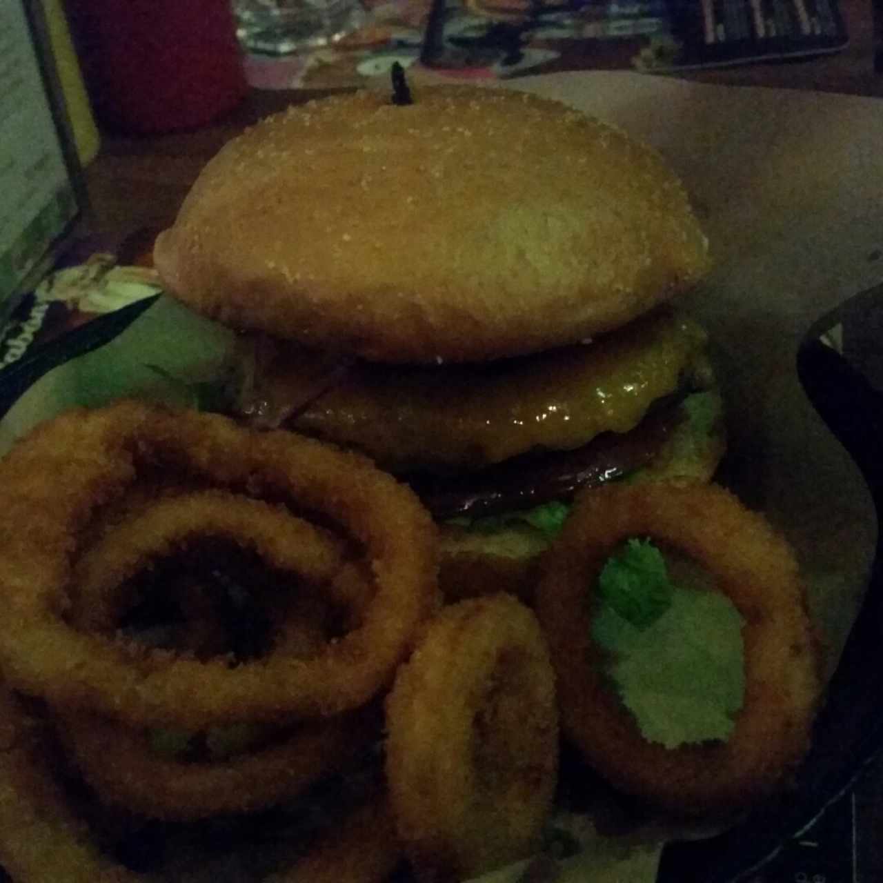 American Burger with Onion Rings