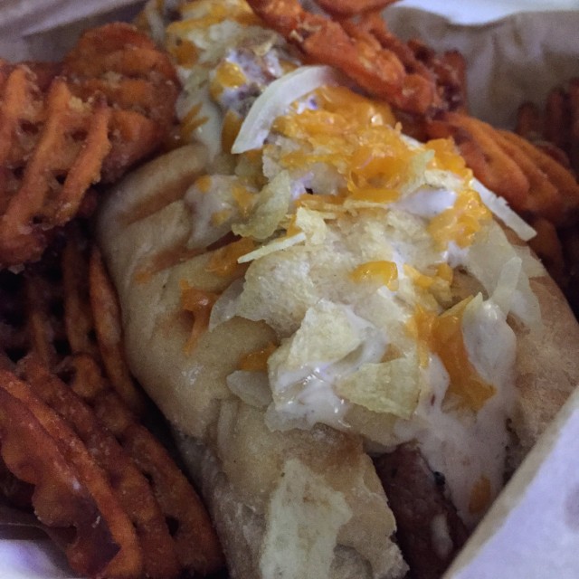 Chorizo dog with camote fries