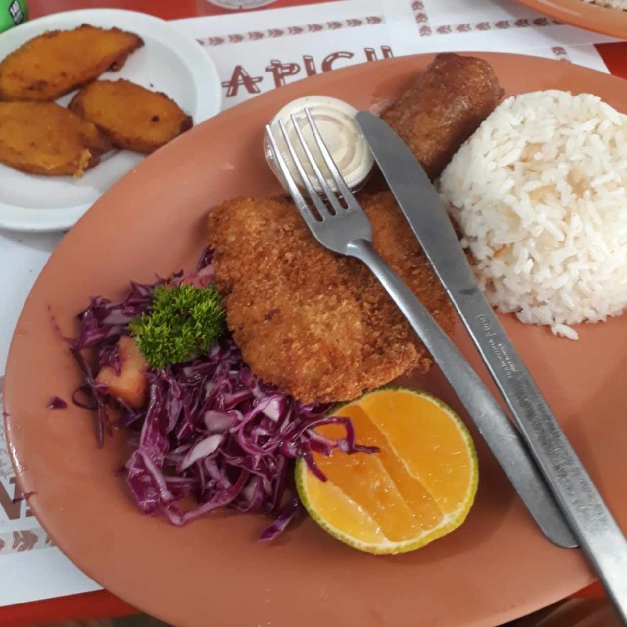 Pezcado, arroz con cocoa, ensalada y bollos