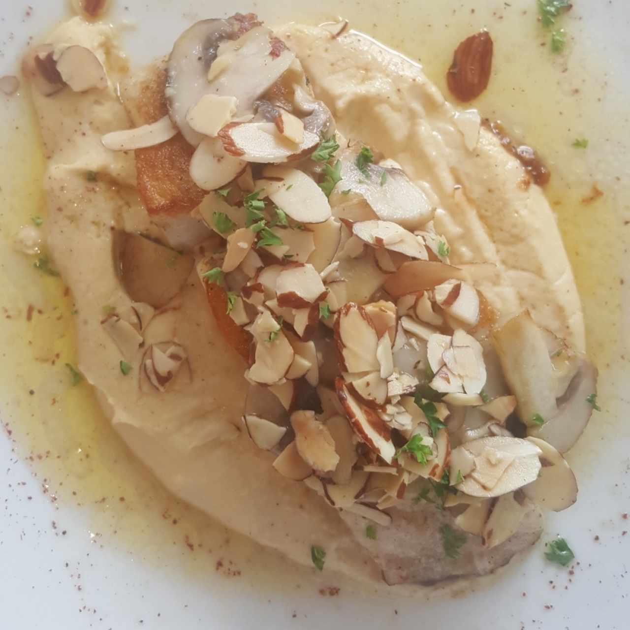 Corvina (8 Oz) con Hummus, almendras y hongos