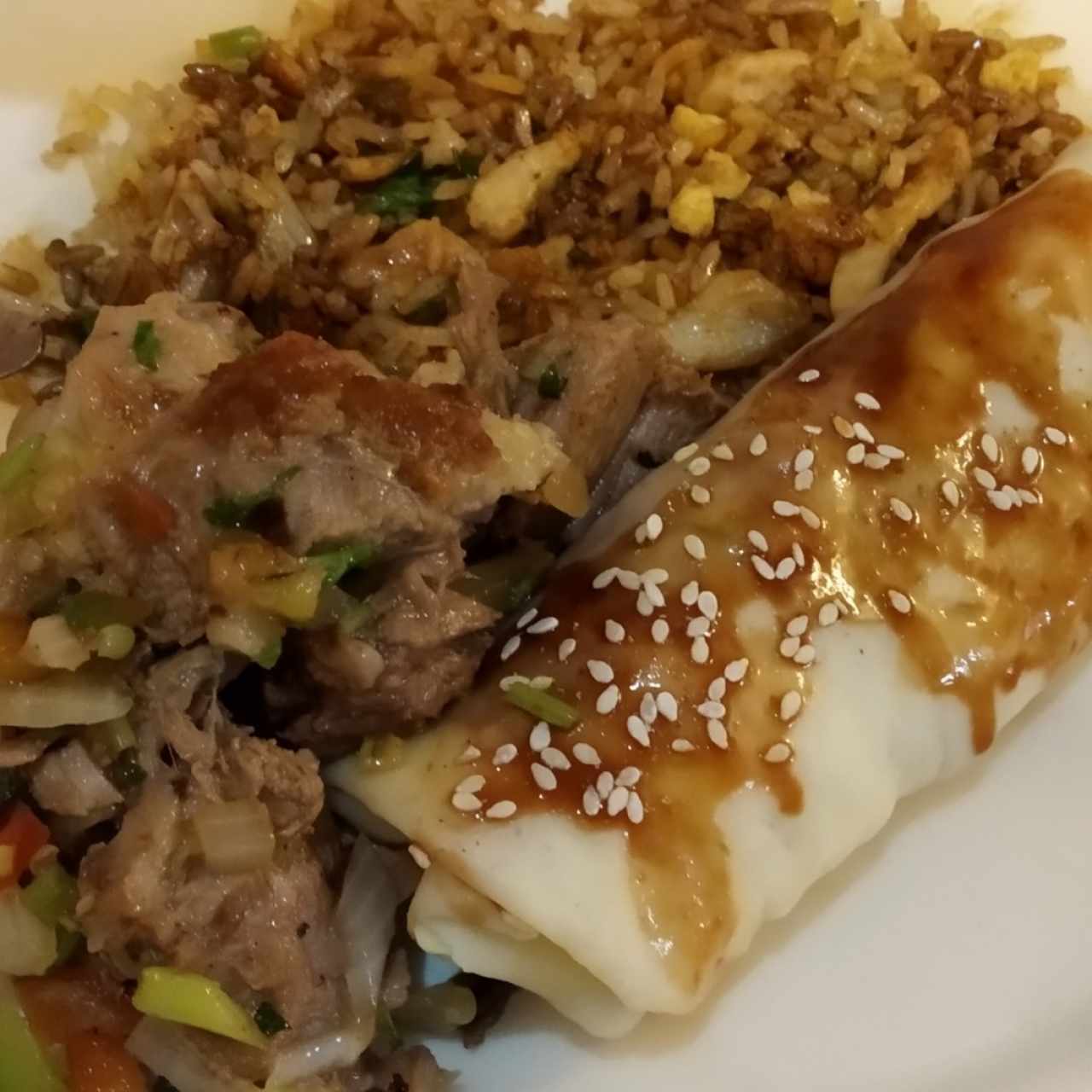 arroz frito con pollo, costillas con sal y pimienta de pato laqueado y rollitos con la pechuga del pato y vegetales